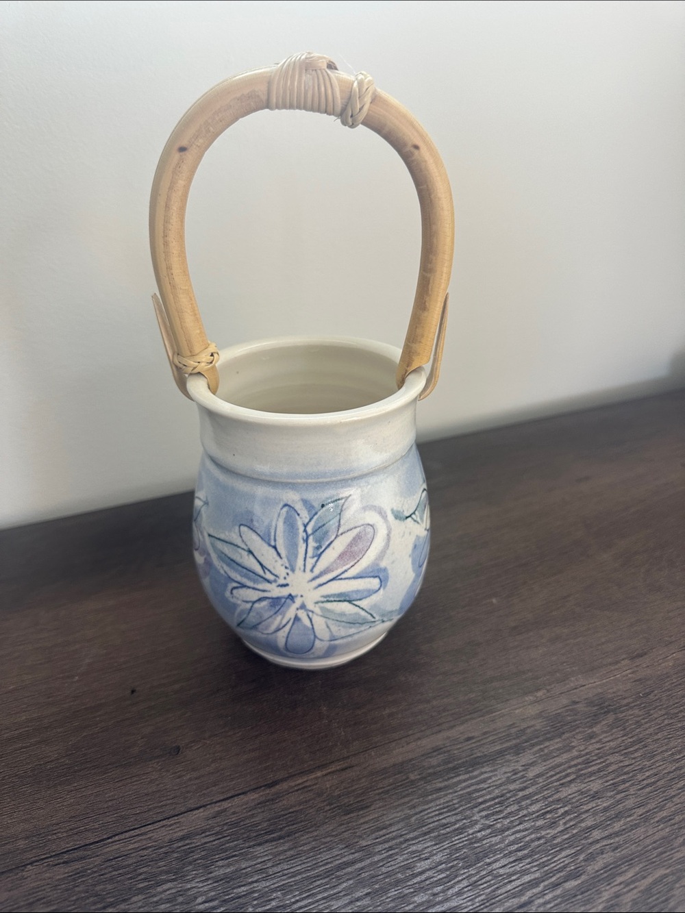 Vintage Nancy Meldahl Signed Studio Pottery Basket Vase with Bamboo Handle